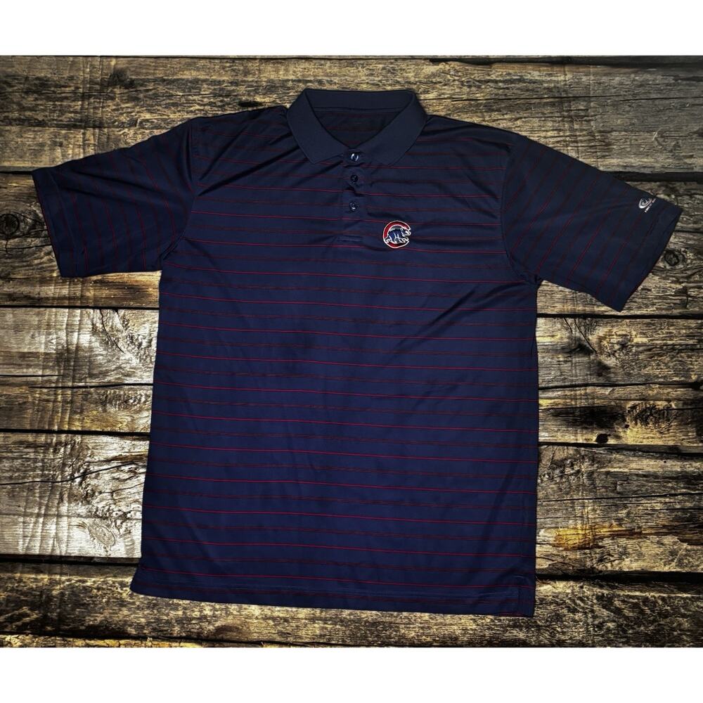 Chicago Cubs Mens True Fan Stripe Polo Short Sleeve Shirt Size Large Embroidered